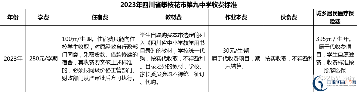 2024年攀枝花市四川省攀枝花市第九中學學費多少錢？